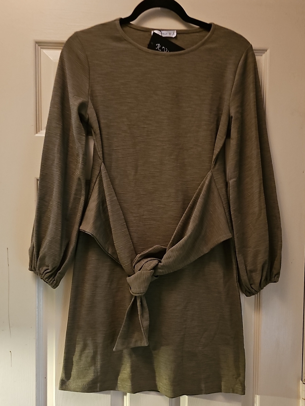 Tie-Front Long Sleeve Dress in Olive Green